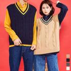 Couple V-neck Sleeveless Cable-knit Top