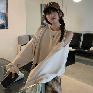 Cold-shoulder Plain Cropped Sweatshirt