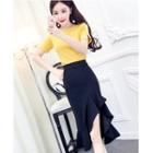 Set: Faux Pearl Short Sleeve Knit Top + Ruffle Trim Midi Skirt