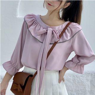 Bow Accent Frill Trim 3/4 Sleeve Chiffon Blouse