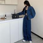 Denim Cropped Jacket / High Waist Wide Leg Jeans