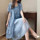 Set: Embroidered Short Sleeve Light Coat + Sleeveless Midi Dress