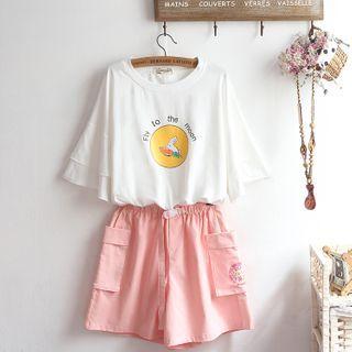 Elbow-sleeve Cartoon Print T-shirt / Shorts / Set