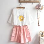 Elbow-sleeve Cartoon Print T-shirt / Shorts / Set