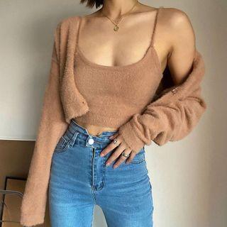 Set: Fluffy Camisole Top + Cardigan