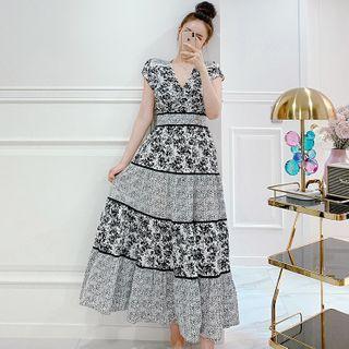 Short-sleeve Tiered Floral Print A-line Midi Dress