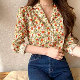 Open-placket Puff-shoulder Floral Blouse