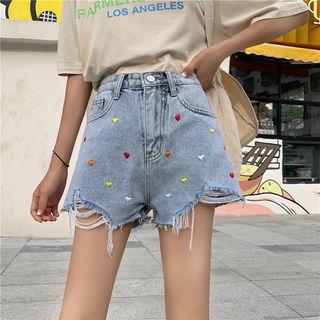Heart Embroidered Distressed Denim Shorts
