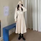 V-neck Houndstooth Panel Long-sleeve Flecce-lined Dress