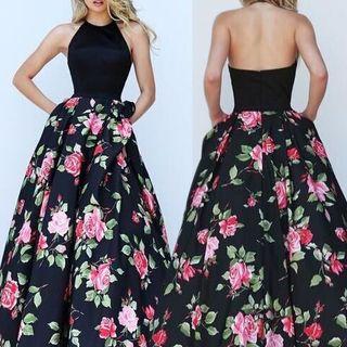 Floral Print Halter Open Back Evening Gown