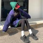 Color-block Hooded Jacket Purple + Green - One Size