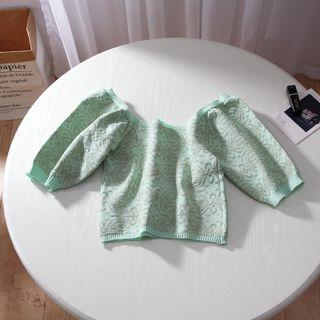 Short-sleeve Patterned Knit Top Green - One Size