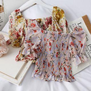 Printed Flower Off Shoulder Chiffon Shirt