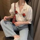 Rose Embroidered Short-sleeve Shirt As Shown In Figure - One Size