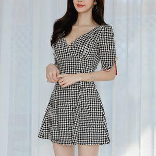 Short-sleeve Houndstooth A-line Mini Dress