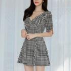 Short-sleeve Houndstooth A-line Mini Dress