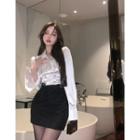 Long-sleeve Double-breasted Blouse / Mini Pencil Skirt