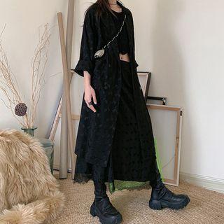 Set: Double-breasted Long Jacket + Paneled Midi A-line Satin Skirt