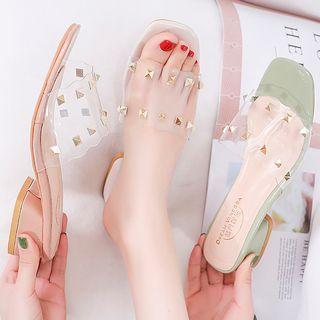Square Toe Pvc Studded Chunky Heel Slide Sandals