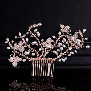 Bridal Faux Pearl Rhinestone Flower Hair Comb Clip Rose Gold - One Size