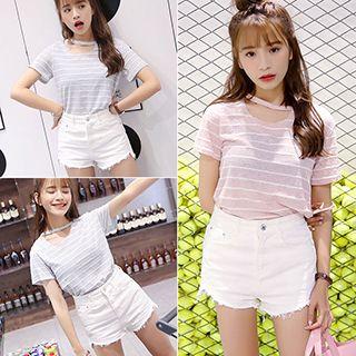 Stripe Cutout Short-sleeve T-shirt