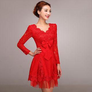 Bow Detail Lace Long-sleeve Cocktail Dress