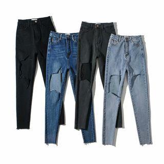 Distressed High-waist Slim-cut Jeans
