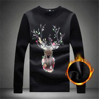 Deer Printed Fleece-lined Long-sleeve T-shirt