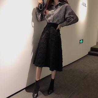 Stripe Shirt/ Fringed Midi A-line Skirt