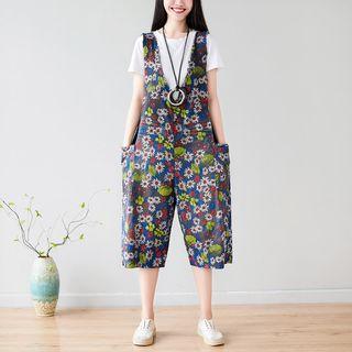 Flower Print Cropped Denim Jumper Pants Dark Gray - One Size