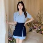 Set: Short-sleeve Mini A-line Shirtdress + Mini A-line Skirt