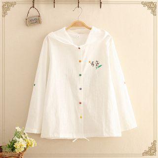 Japanese Character Embroidered Drawstring Hooded Jacket White - One Size
