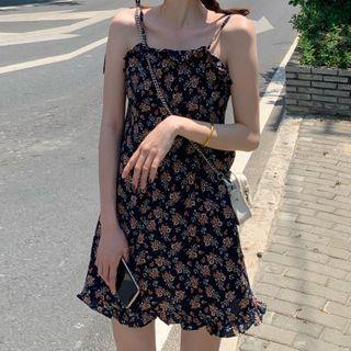 Spaghetti Strap Floral Print Frill Trim Mini A-line Dress