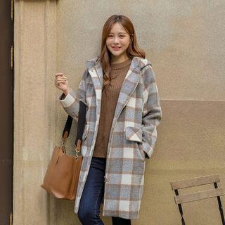 Hooded Flap-detail Checked Zip-up Coat