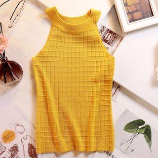 Halter-neck Off-shoulder Plaid Knit Top