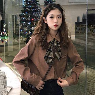 Plain Long-sleeve Shirt With Necktie