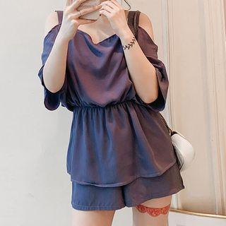Set: Elbow-sleeve Cold-shoulder Top + Shorts