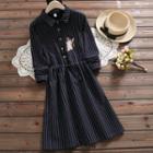Cat Embroidered Pinstriped Shirtdress