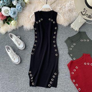 Eyelet Slit-hem Sleeveless Knit Dress