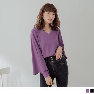 Ruffled Sleeve V-neck Chiffon Top