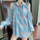 Cold-shoulder Open Back Plaid Long-sleeve Shirt As Shown In Figure - One Size