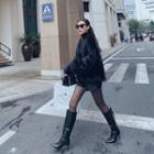 V-neck Plain Faux Shearling Oversize Jacket Black - One Size