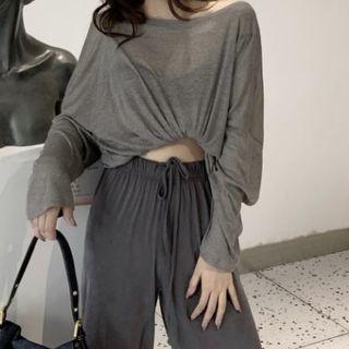 Plain Long-sleeve Light Top / Plain High-waist Lace-up Pants