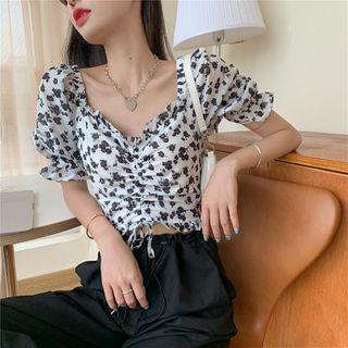 Puff-sleeve Floral Print Crop Top Black & White - One Size