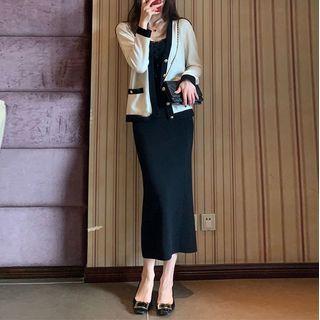 Set: Contrast Trim Button-up Cardigan + Long Sleeve Plain Midi Dress