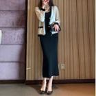 Set: Contrast Trim Button-up Cardigan + Long Sleeve Plain Midi Dress