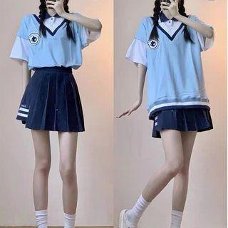 Elbow-sleeve Polo Top / Pleated Mini Skirt / Set