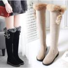 Fluffy Trim Buckled Faux Leather Over-the-knee Boots