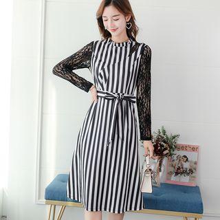 Lace Panel Striped Long-sleeve A-line Dress