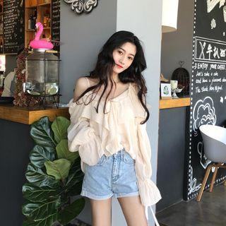 Ruffled Cold Shoulder Long-sleeve Blouse